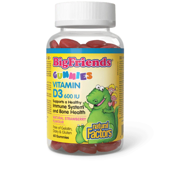 Natural Factors: Kids Vitamin D3 Gummies 600 IU, Natural Strawberry, Big Friends 60 Gummies