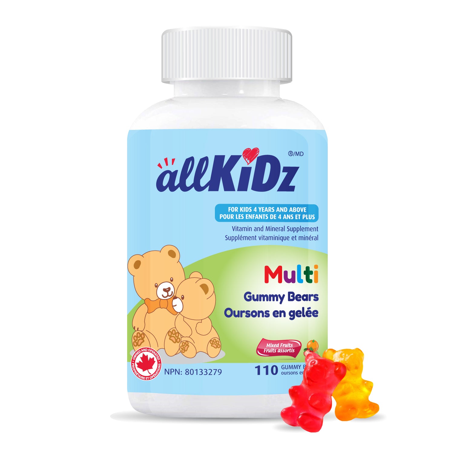 AllKidz Natural Multi Gummy Bears Mixed Fruits 110 gummies