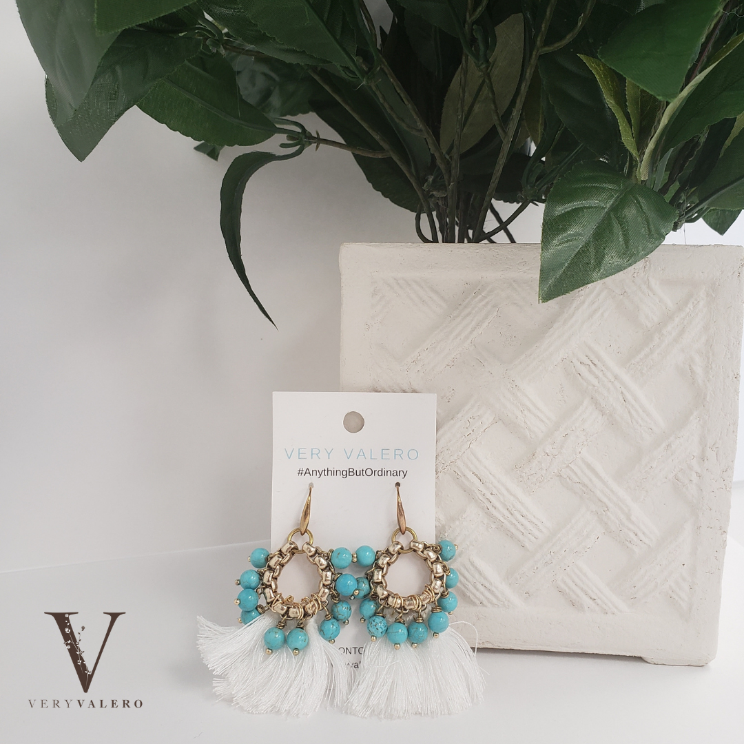 Very Valero: Earrings - White Fringe with Turquoise Stones